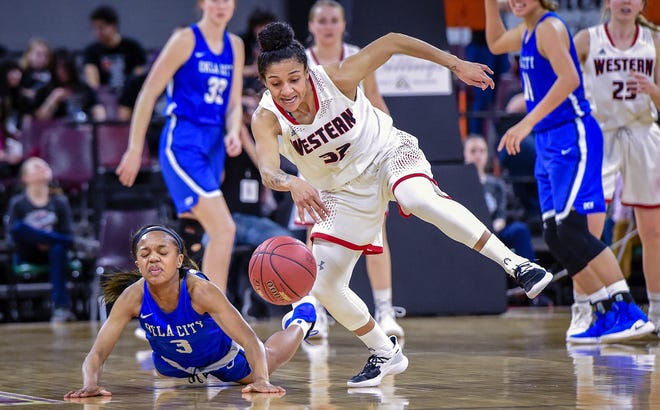 Montana Western's Brianna King (32) steals the ball from Oklahoma City's Shamika Smith (3) as Montana Western takes on Oklahoma City in the championship game for the 2019 NAIA National Championship at Rimrock Auto Arena at MetraPark in Billings, Mont. on Tuesday, March 19, 2019.
