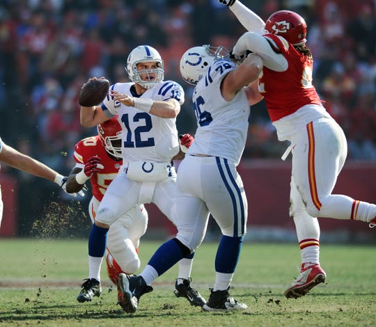 Before he joined the Colts, Justin Houston of the Kansas City Chiefs pressured Andrew Luck in a game at Arrowhead Stadium in Kansas City.