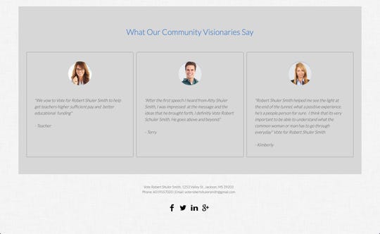 In this March 21, 2019, screen shot, three stock images on Robert Shuler Smith's gubernatorial campaign website are featured above testimonials filled with grammatical errors and no real names.