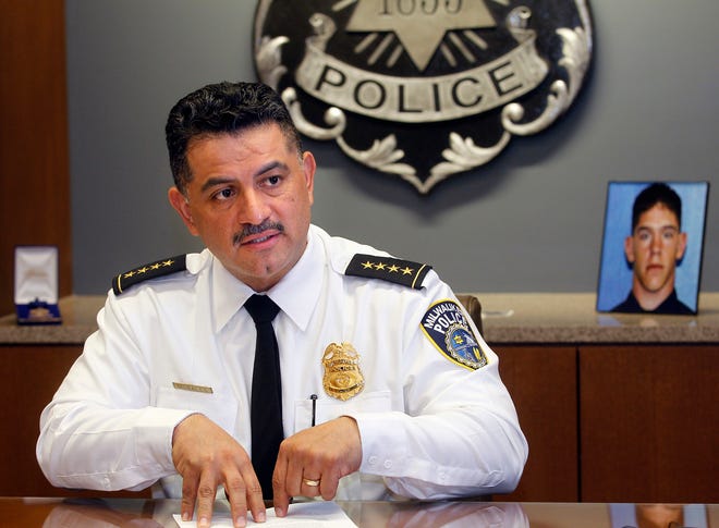 Milwaukee Police Chief Alfonso Morales talks about the importance of police and community relations when it comes to solving homicides at MPD Office Administration in Milwaukee.