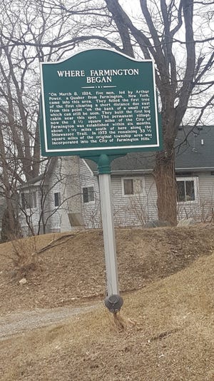This historic marker, on Power Road just north of Alameda, reveals the approximate location of Arthur Power's first settlement in Farmington. The original log cabins are long gone and replaced by private homes.