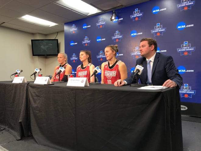 South Dakota players (L-R) Hannah Sjerven, Ciara Duffy and Allison Arens address the media ahead of Thursday's practice session in Starkville, Miss. on March 21, 2019.