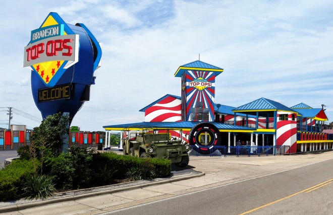 As shown in this preliminary digital rendering, Branson Top Ops will be a patriotic-themed attraction offering an interactive outdoor maze, indoor laser tag, and other adventures.