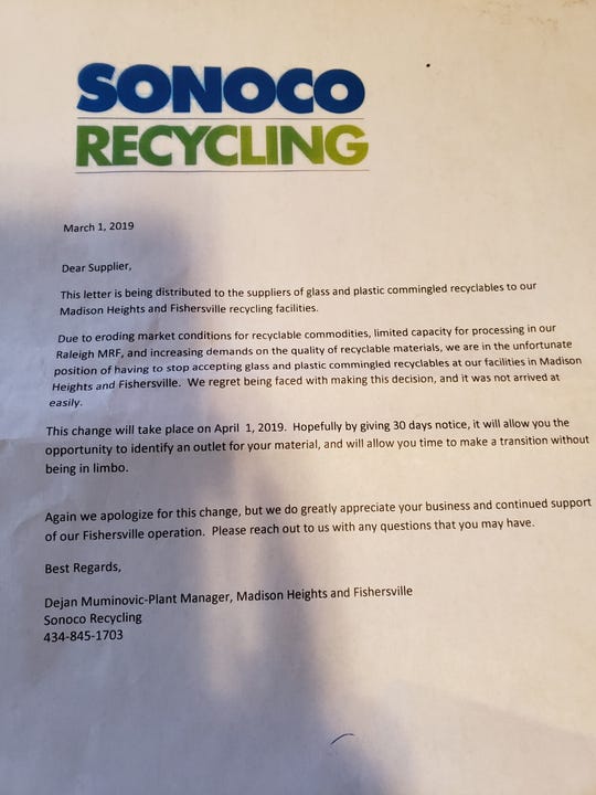 A letter from Sonoco Recycling sent to suppliers who utilize the Fishersville facility. Sonoco alerted those that the facility would no longer accept plastic or glass.