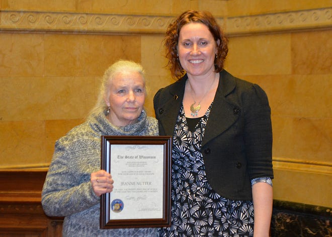 Jeanne Nutter, left, was recognized Thursday for her role in helping Jayme Closs safely reunite with her family and her lifetime of social work.