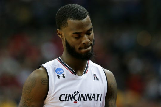 Cincinnati Bearcats guard Trevor Moore (5) reacts after being taken out of the game in the second half of the NCAA Tournament Round of 64 game against the Iowa Hawkeyes, Friday, March 22, 2019, at Nationwide Arena in Columbus, Ohio. Cincinnati Bearcats lost to the Iowa Hawkeyes 79-72. 