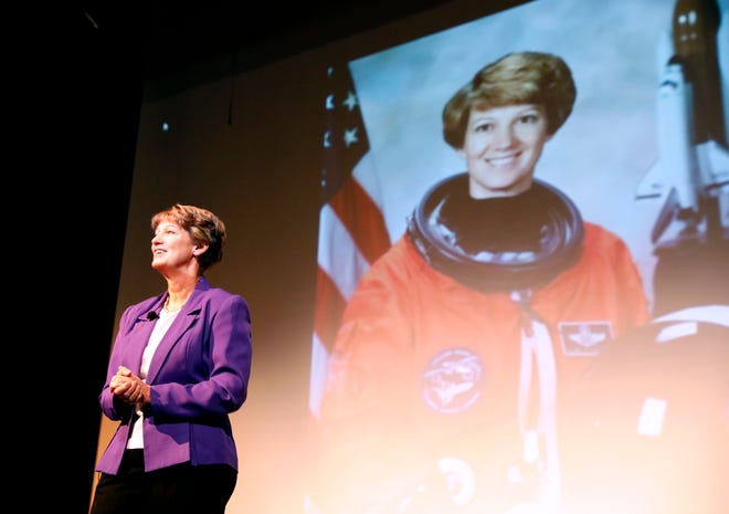 Eileen Collins, the first woman to pilot and command a U.S. space craft, speaks at Ohio University Lancaster's Celebrate Women conference. Collins, a retired Air Force Colonel and retired NASA astronaut, delivered the key note address at the annual conference Friday afternoon, March 22, 2019, in Lancaster.