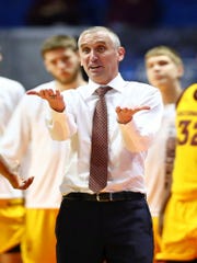 Arizona State  head coach Bobby Hurley talks with an official about a call during the second half of their game against the Buffalo Bulls in the first round of the 2019 NCAA Tournament March 22 at BOK Center.  Mark J. Rebilas-USA TODAY Sports