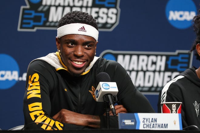 Mar 21, 2019; Tulsa, OK, USA; Arizona State Sun Devils forward Zylan Cheatham answers questions during a press conference before the first round of the 2019 NCAA Tournament at  BOK Center. Mandatory Credit: Brett Rojo-USA TODAY Sports