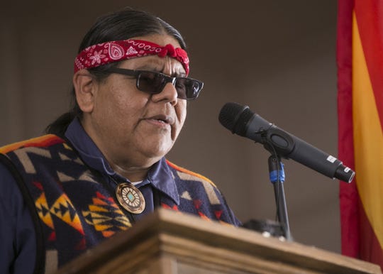 Havasupai Tribal Council Vice Chairman Matthew Putesoy speaks at the Grand Canyon in February 2019 about proposed legislation to ban uranium mining near the Grand Canyon..