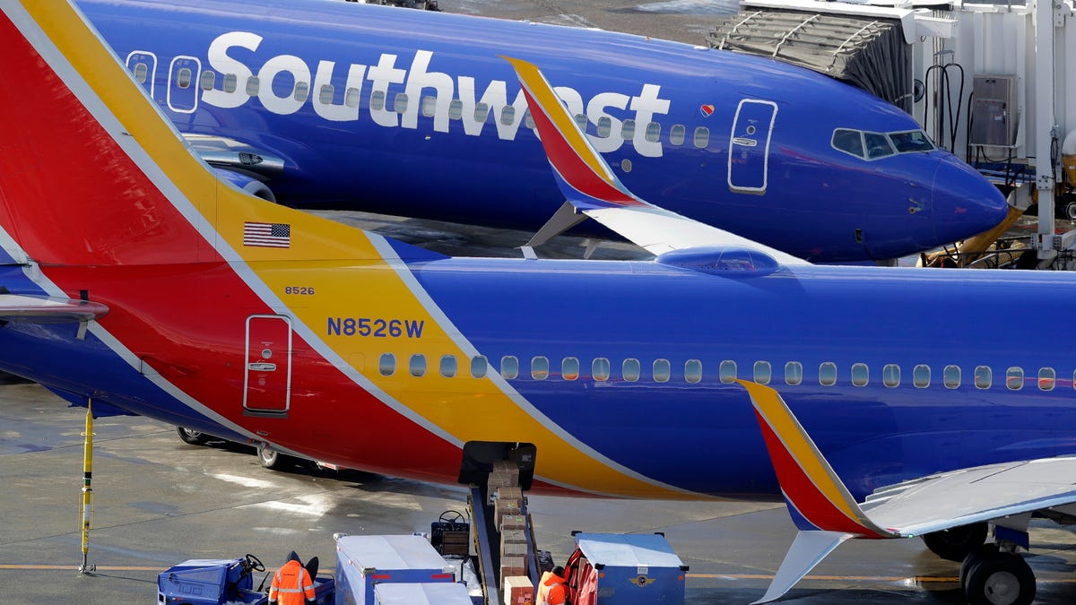 Southwest Airlines planes are loaded at Seattle-Tacoma International Airport on Feb. 5, 2019.