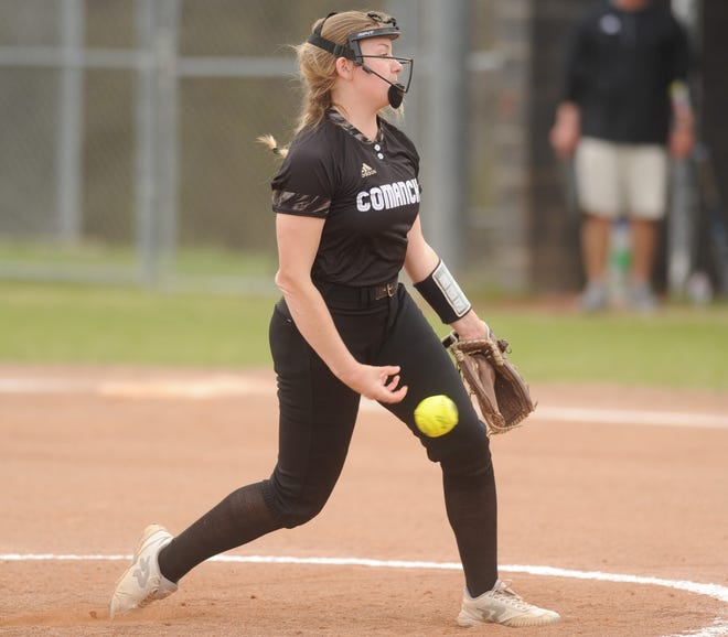 Comanche's Chloe Williams delivers a pitch against Eastland in a District 6-3A softball game Friday, March 22, 2019, in Eastland.
