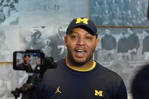 University of Michigan's offensive coordinator Josh Gattis speaks to reporters after practice in Ann Arbor on Friday, March 22, 2019. Max Ortiz, The Detroit News 