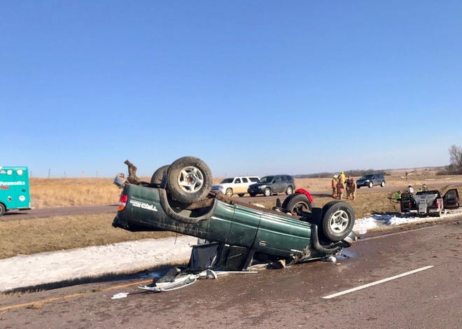 A 2001 Toyota Tacoma drove through the median, rolled and rested on its roof after a rear end crash on Interstate 29 just south of the Dell Rapids exit around 4:51 p.m. Friday.