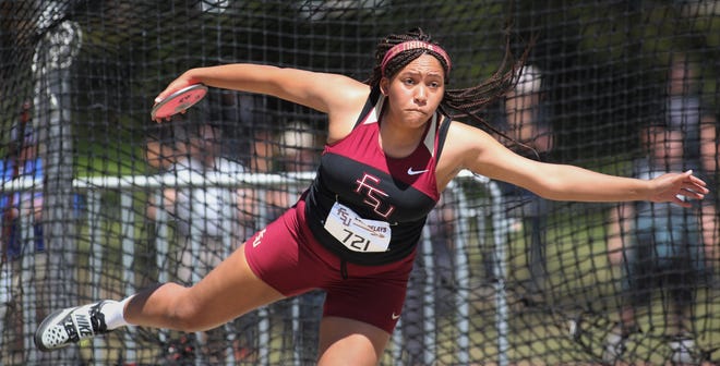 Florida High junior Jhordyn Stallworth throws discus during the 40th annual FSU Relays at Mike Long Track on Saturday.