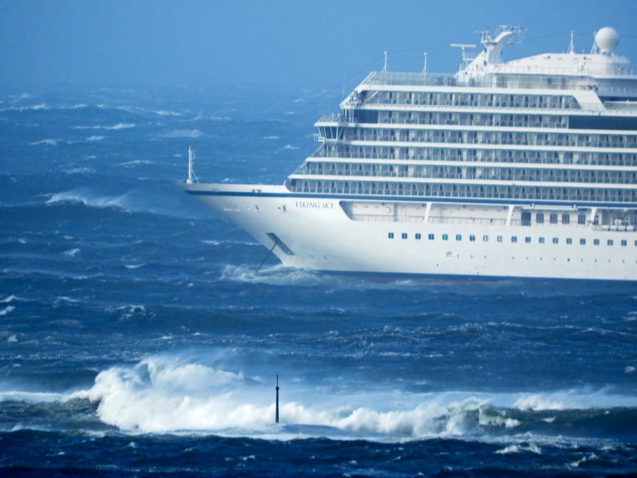 Cruise ship Viking Sky is drifting towards land and had sent out a mayday signal, off Hustadvika, Norway on March 23, 2019.