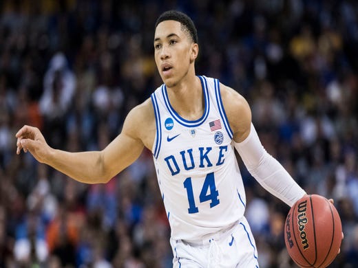 Duke guard Jordan Goldwire (14) dribbles the ball during the first half of a first-round game in the NCAA men's college basketball tournament Friday, March 22, 2019, in Columbia, S.C. (AP Photo/Sean Rayford)