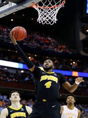 Iowa's Hawkeyes goaltender Isaiah Moss (4) goes into the first period basket against the Tennessee Volunteers in the second round of the NCAA's 2018 tournament at Nationwide Arena.