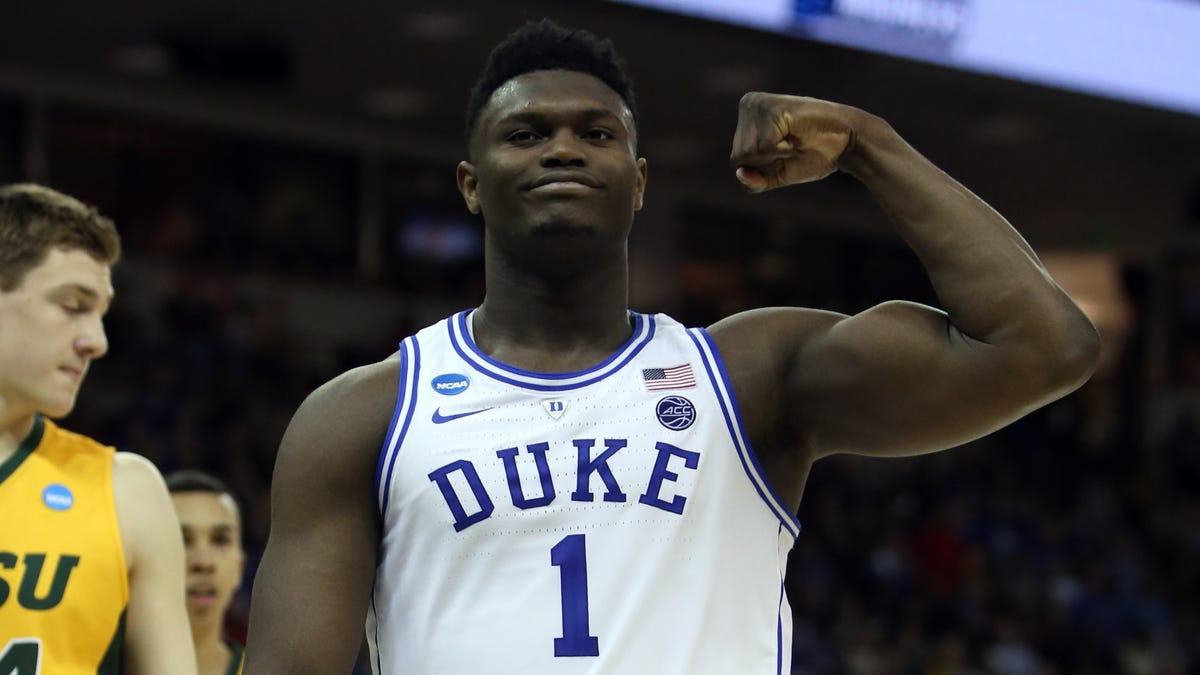 Duke Blue Devils forward Zion Williamson (1) flexes after a play during the second half against the North Dakota State Bison.