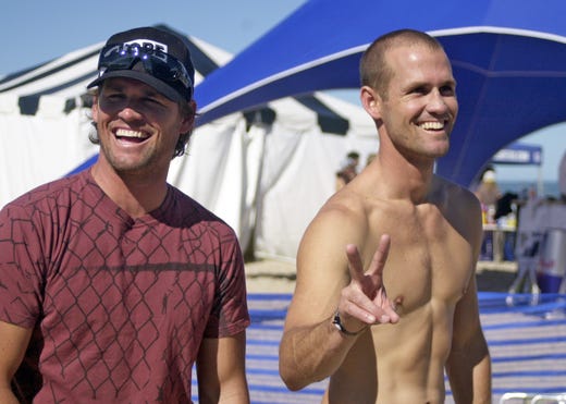 2008: In the sixth day of the Sebastian Inlet Pro Surfing, surfing brothers Damien (left) and C.J. Hobgood (right).