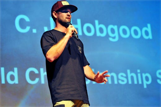 2016: C.J. Hobgood ,World Champion Surfer addresses the crowd who pack the Gleason Performing Arts Center at the Florida Tech Melbourne Campus Wednesday night for the Brevard Indian River Lagoon Coalition event to support and restore the Lagoon to a healthy estuary of national significance..