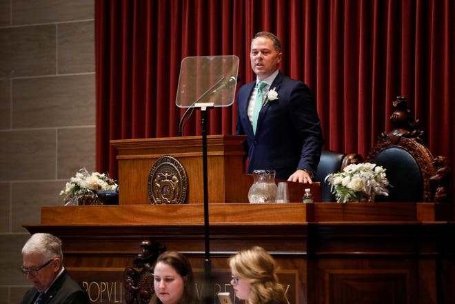 Speaker of the House Rep. Elijah Haahr speaks after being sworn in at the Missouri State Capitol in Jefferson City on Wednesday, Jan. 9, 2019.