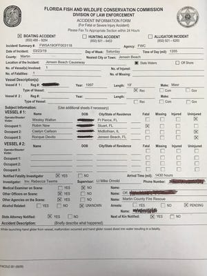 A boating incident report filed by the FWC regarding an incident where a Stuart man was killed over the weekend.