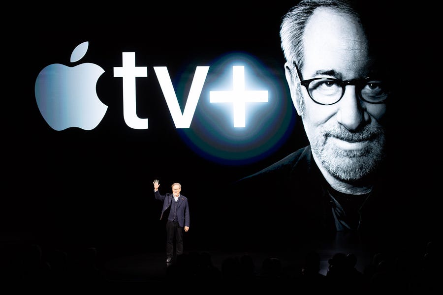 Director Steven Spielberg speaks during an event launching Apple tv+ at Apple headquarters. 