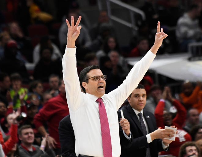 Mar 13, 2019; Chicago, IL, USA; Nebraska Cornhuskers head coach Tim Miles gestures to his team during the second half in the Big Ten conference tournament at United Center. Mandatory Credit: David Banks-USA TODAY Sports