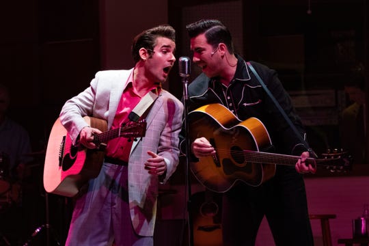 Joe Boover and Gregg Hammer portray Elvis Presley and Johnny Cash in Florida Repertory Theatre's "Million Dollar Quartet."