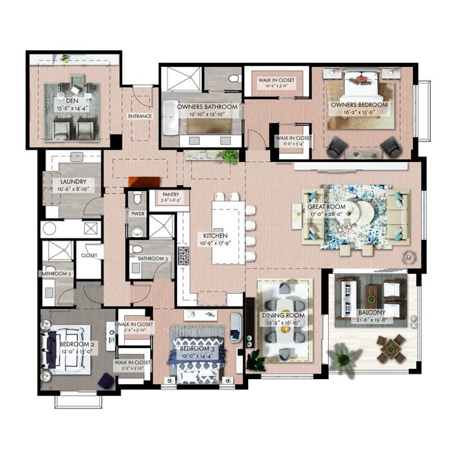 The Quattro “D” floor plan features a huge great room and dining area, three bedrooms, and three-and-a-half baths.