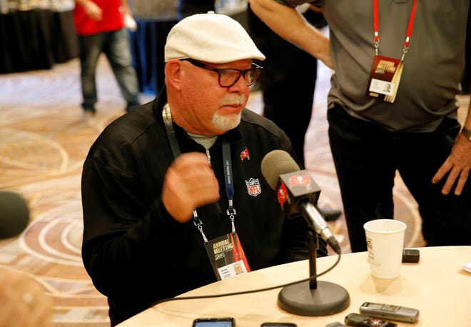 Tampa Bay Buccaneers head coach Bruce Arians speaks to the media during the NFC/AFC coaches breakfast during the annual NFL football owners meetings, Tuesday, March 26, 2019, in Phoenix. Arians is returning to coaching after he retired from the Arizona Cardinals a year ago. He was hired in January by Tampa Bay, and this month he brought on Maral Javadifar and Lori Locust as full-time assistant coaches. (AP Photo/Matt York)