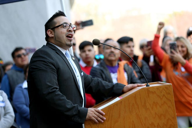 Rep. Diego Hernandez, D-Portland, speaks to a crowd at a rally for the Equal Access to Roads Act at the Oregon State Capitol on March 25, 2019. The bill would allow non-citizens to obtain driver's licenses.