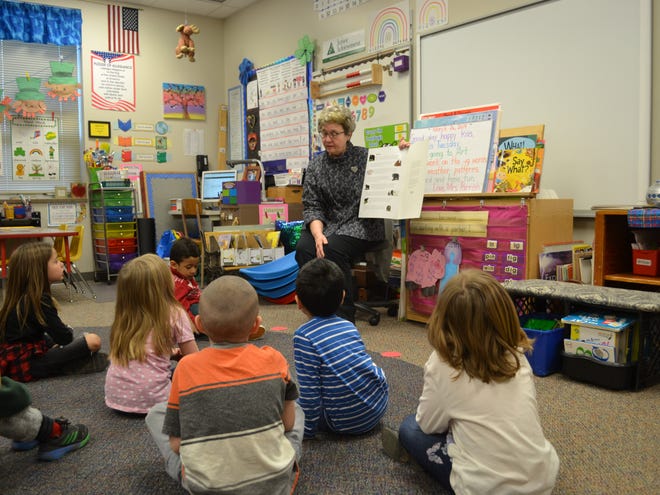 Kindergarten teacher Paula Parrish reads animal facts to her class Tuesday, March 26, 2019, at Susan B. Anthony Elementary. The school is one of two campuses that will start a junior kindergarten program in fall 2019 to help students not quite ready for class bridge the gap.
