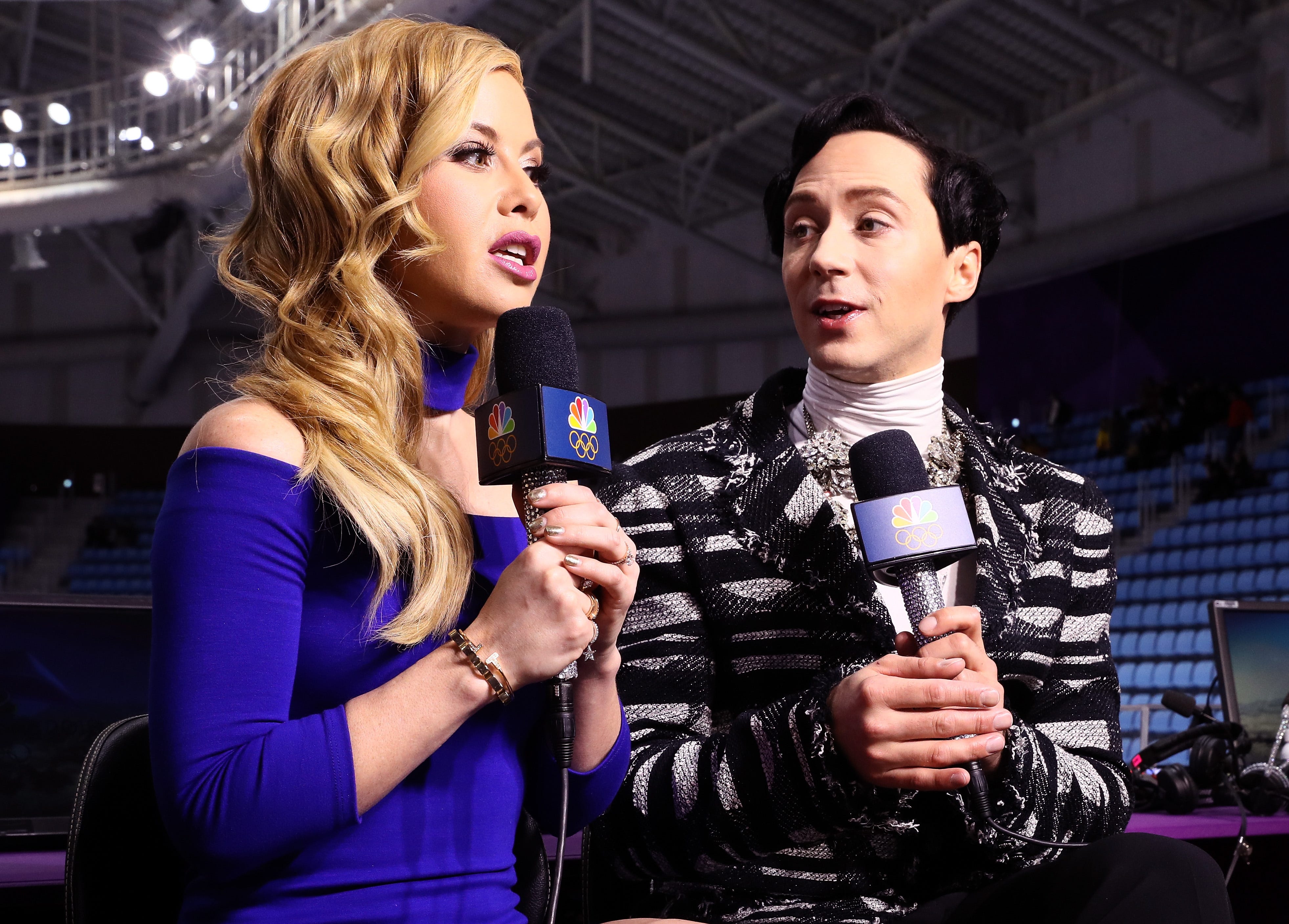 Figure skating announcers Tara Lipinski and Johnny Weir prepare for the start of the pair skating short program on day five of the PyeongChang 2018 Winter Olympics at Gangneung Ice Arena on Feb. 14, 2018, in Gangneung, South Korea.