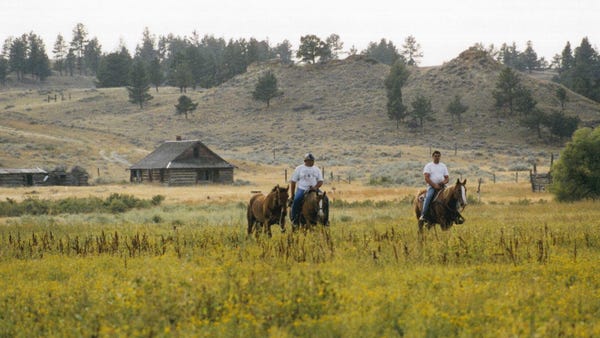 Bert Pezzarossi and husband Dan ride horses in...
