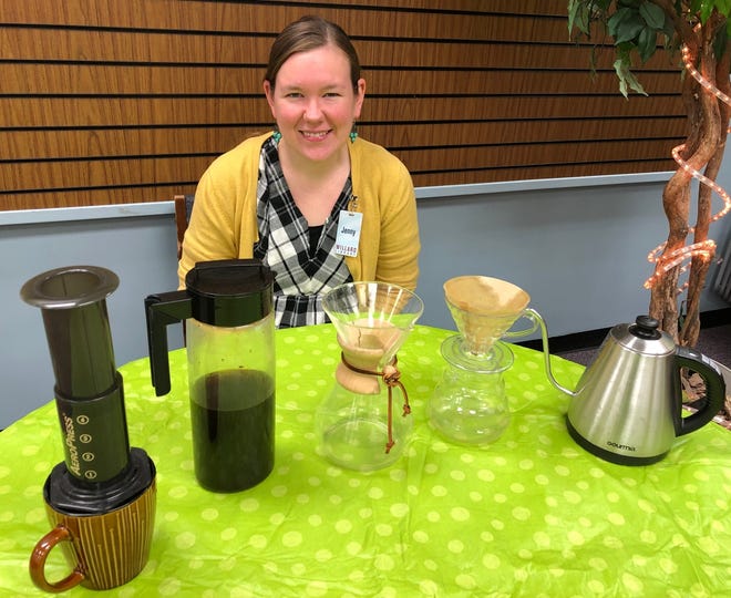 Jenny de Jong, Willard Library creative services librarian, displays some of the different ways of brewing coffee that will be discussed at the library’s monthly Coffee Club.