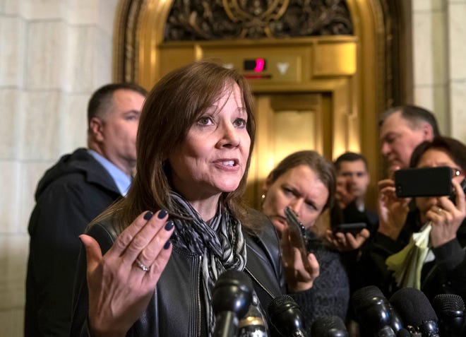 General Motors CEO Mary Barra speaks to reporters after a meeting with Sen. Sherrod Brown, D-Ohio, and Sen. Rob Portman, R-Ohio, to discuss GM's announcement it would stop making the Chevy Cruze at its Lordstown, Ohio, plant, part of a massive restructuring for the automaker, on Capitol Hill in Washington, Wednesday, Dec. 5, 2018.