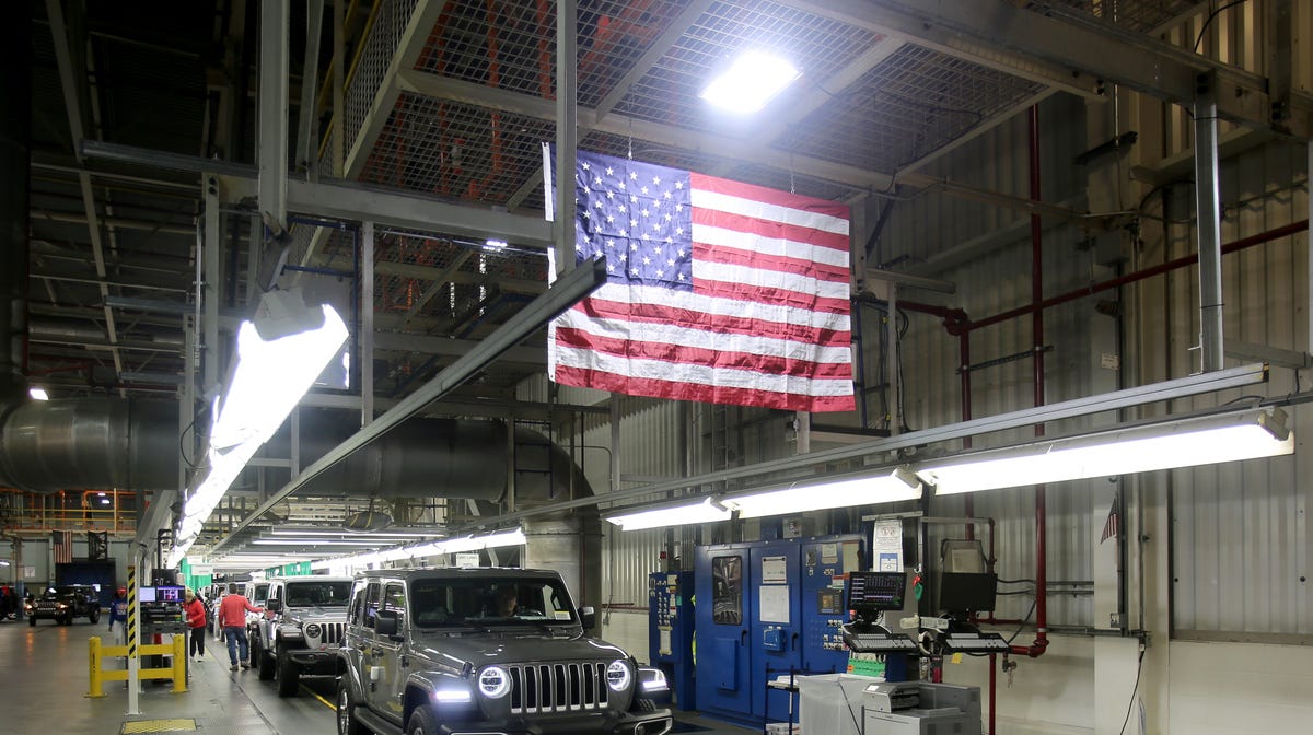 A Jeep Wrangler comes off the final production line at the Toledo North Assembly Plant in Toledo, Ohio on Friday, November 16, 2018.