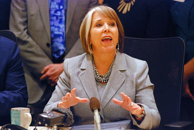 New Mexico Gov. Michelle Lujan Grisham highlights accomplishments by lawmakers at the close of a 60-day legislative session on Saturday, March 16, 2019, at her offices in Santa Fe, N.M. The Democrat-led New Mexico Legislature approved a $7 billion spending plan that raises spending on low-income students, teacher pay and infrastructure. Major policy reforms ran the gamut from new subsidies for renewable energy to background checks on gun sales and a minimum wage increase.
