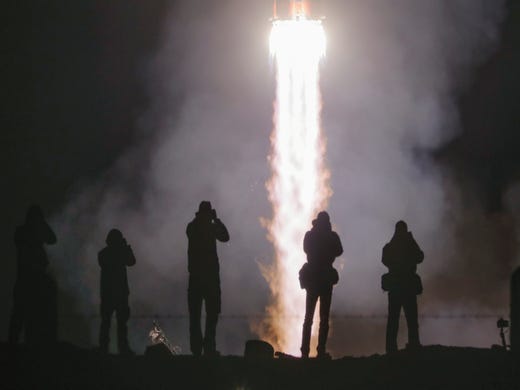 The Soyuz-FG rocket booster with Soyuz MS-12 space ship carrying a new crew to the International Space Station, ISS, blasts off at the Russian leased Baikonur cosmodrome, Kazakhstan, early Friday, March 15, 2019.