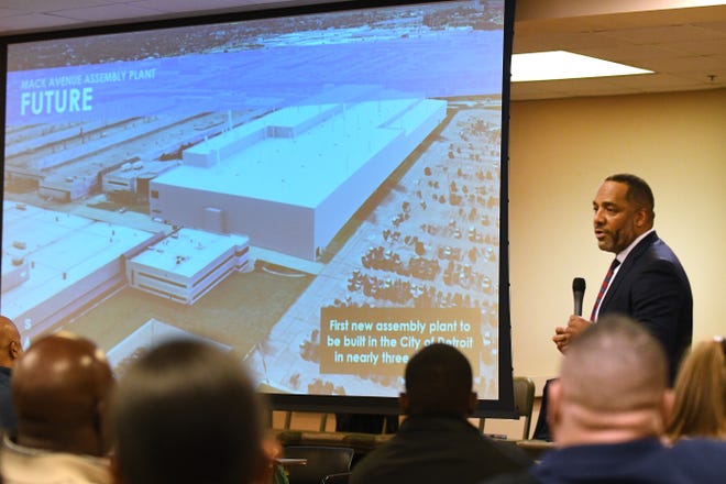 Ron Stallworth, with FCA's external affairs, on Wednesday discusses plans for the proposed plant construction at the Mack Avenue Assembly plant in Detroit.