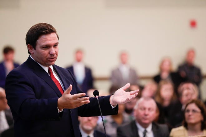Gov. Ron DeSantis speaks to the Florida Board of Governors in the Grand Ballroom in the H. Manning Efferson Student Union Building at Florida A&M University Thursday, March 28, 2019. 
