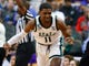 Michigan State forward Aaron Henry gestures after making a 3-pointer against LSU during the first half of an East Regional semifinal in the NCAA tournament in Washington, Friday, March 29, 2019.