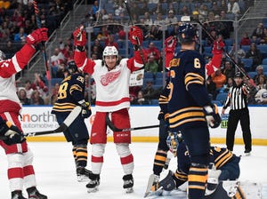 Detroit Red Wings left wing Tyler Bertuzzi (59) celebrates his goal against the Buffalo Sabres during the first period.