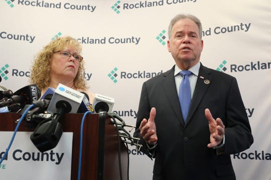 The County Executive, Ed Day, on the right, and Health Commissioner, Dr. Patricia Schnabel Ruppert, take stock of the effects of the declaration on the state of emergency in the new city ​​on Friday, March 29, 2019.