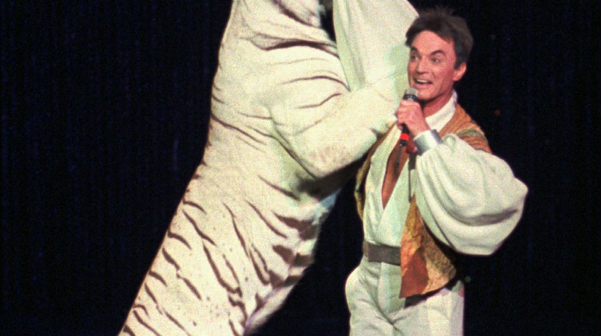 FILE -- Roy, of the world-renowned illusionists Siegfried & Roy, performs with a white tiger during their 15,000th live show Thursday night, Jan. 18, 1996, at The Mirage in Las Vegas. A tiger attacked magician Roy Horn of the duo ''Siegfried & Roy'' during a Friday night performance at The Mirage hotel-casino, authorities said.     Roy was attacked at the throat, said Clark County Fire spokesman Bob Leinbach. He was   taken to University Medical Center; Leinbach did not know his condition. (AP Photo/Lennox McLendon) ORG XMIT: NY122