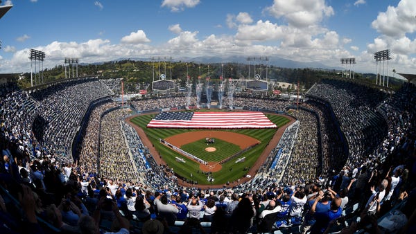 A view of Dodger Stadium during the national...