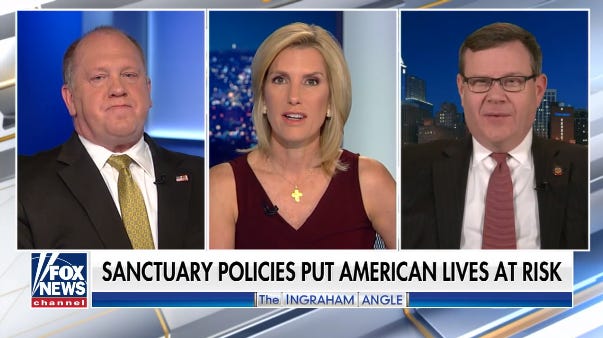 A screen grab from Fox News' "The Ingraham Angle" on March 20. Host Laura Ingraham is joined by Tom Homan, a former acting ICE director, left, and NC  House Speaker Tim Moore.