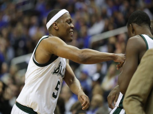 Michigan State's Cassius Winston celebrate MSU's 80-63 win over LSU in the NCAA tournament on Friday, March 29, 2019, in Washington.